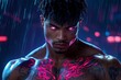 © Sanchai - Cyberpunk character with glowing tattoos, standing in a digital rainstorm