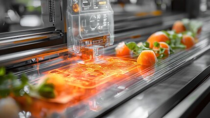 Leinwandbilder - A machine is printing food onto a conveyor belt