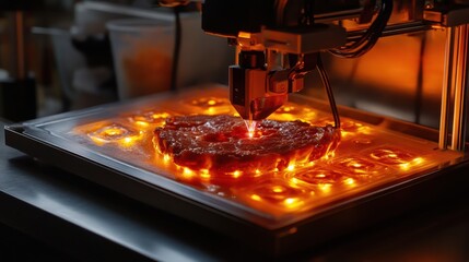 A piece of meat is being printed on a metal surface