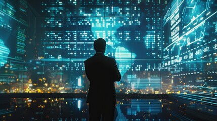 Fototapete - A man stands in front of a computer screen with a city view. The man is wearing a suit and tie. The computer screen is filled with a lot of numbers and lines