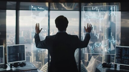 Fototapete - A man in a suit is standing in front of a computer monitor with a hand on his hip. He is looking at the screen with a serious expression. The room is filled with multiple computer monitors