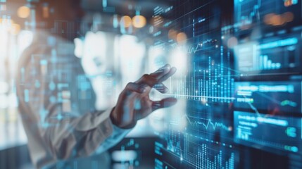 Fototapete - A person is touching a computer screen with a finger, and the screen is filled with graphs and numbers. Concept of technology and data analysis