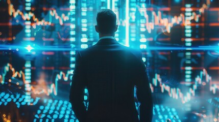 Leinwandbilder - A man in a suit stands in front of a computer screen with a lot of numbers and graphs. The man is looking at the screen with a serious expression