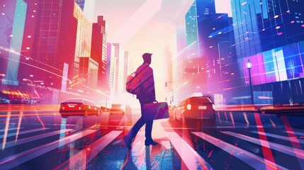 Fototapete - A man is walking across a busy city street with a briefcase. The scene is set in a city with tall buildings and cars. The man is walking across a crosswalk, and the cars are driving in the background