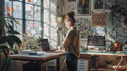 Poster - A young office worker engages with her laptop in a bright startup workspace flooded with natural light during a productive daytime setting