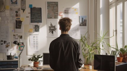 Aufkleber - Young office worker reflecting in bright startup environment surrounded by creative materials and plants during the day
