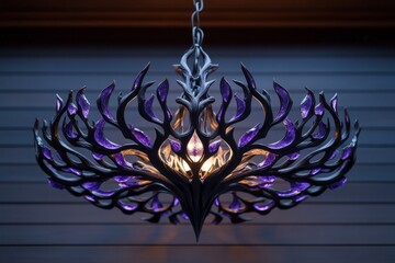 Gothic chandelier glowing with purple crystals, casting eerie shadows