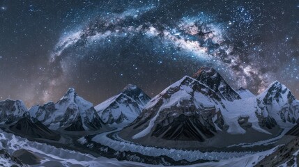 A serene night sky over Mount Everest reveals a stunning view of stars and snowy peaks amidst tranquility in the Himalayas