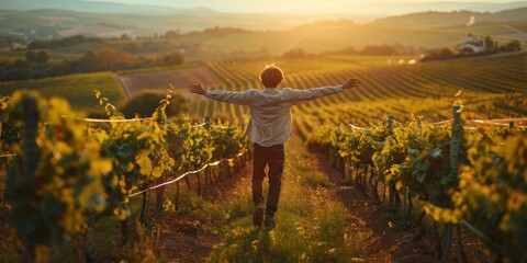 Wall Mural - A man walks through a vineyard at sunset, arms outstretched. AI.