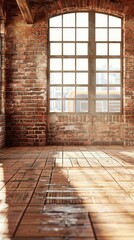 Wall Mural - A brick wall with a large window and wooden floor. AI.