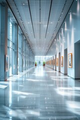 Canvas Print - A long hallway with large windows and artwork. AI.