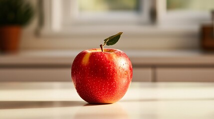 Fresh and juicy red apple sitting on a table with natural light streaming through the window in a kitchen setting