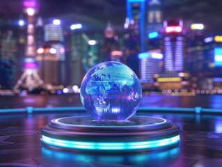 Poster - A glowing globe sits on a platform in front of a cityscape at night. AI.