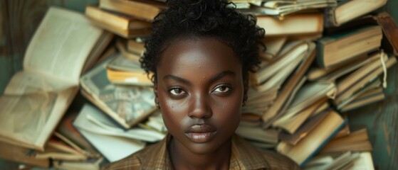 Poster - A young woman looks directly at the camera, surrounded by books. AI.