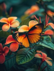 Canvas Print - A butterfly rests on a flower in a lush garden. AI.