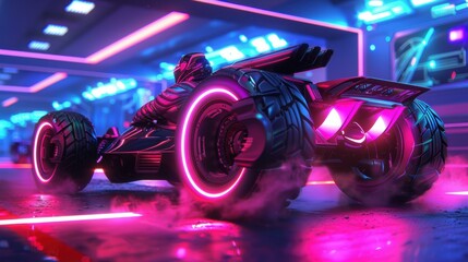A futuristic vehicle with pink neon lights. AI.