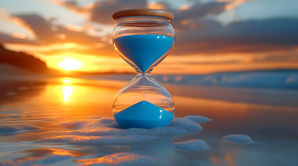 Sticker - An hourglass on a beach at sunset, symbolizing the passage of time.