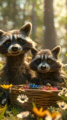 Wall Mural - Two raccoons sitting in a forest setting with a basket of goodies. AI.