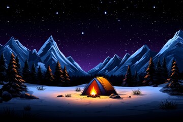 pixel art campsite in the rockies, with a tiny animated fire flickering under the stars