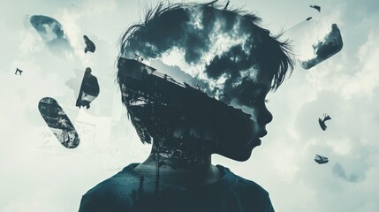Aufkleber - A child with gravity-defying abilities surrounded by whimsical floating objects in a dreamlike double exposure art piece