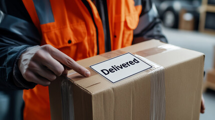 Close-up of logistics worker attaching a delivery label on a package for efficient shipping