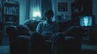 © vadosloginov - A man is sitting on a couch in a dark room