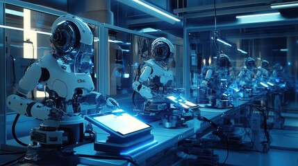 Fototapete - Robots conducting advanced simulations in a futuristic laboratory with cool blue lighting