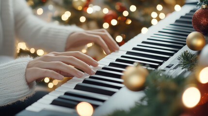 Holiday music creativity: close-up of hands playing keyboard with festive christmas decorations