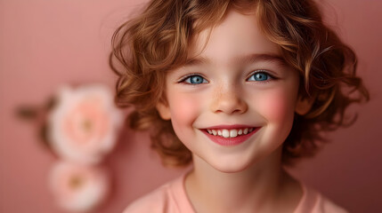 Sticker - A smiling child with curly hair against a pink floral backdrop.