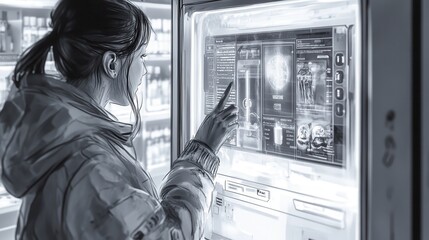 Fototapete - A user engages with a virtual assistant displayed on a vending machine screen in a modern convenience store setting