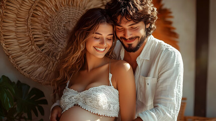 Poster - A joyful couple celebrating pregnancy in a cozy setting.