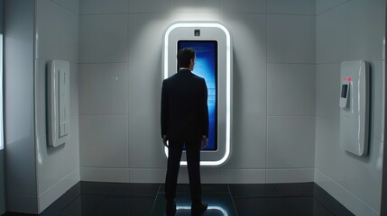 Poster - An office worker in a futuristic setting interacts with a large touchscreen in a sleek corporate environment during working hours