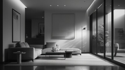 Poster - A black and white photo of a living room with a white couch, a coffee table, and a potted plant. The room has a modern and minimalist design, with a large white wall and a white rug