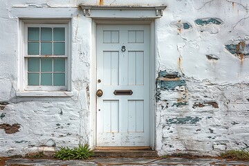 A weathered white door and window on an old building with peeling paint.