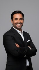 charismatic indian businessman in smart casual attire confident pose with folded hands against clean white backdrop warm smile conveys approachability and professionalism modern corporate portrait (2)