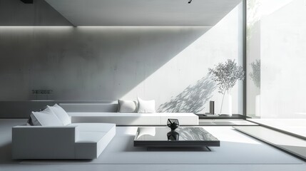 Poster - A modern living room with a white couch and a black coffee table. The room is well lit by a window, and there is a potted plant in the corner. The overall mood of the room is clean and minimalist