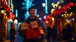 © sabyna75 - Joyful holiday shopping: male model carrying gifts on a festive night street