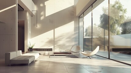 Poster - A large, open living room with a white couch and two chairs. The room is filled with natural light and has a modern, minimalist design