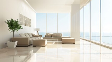 Leinwandbilder - A large living room with a white couch and a white chair. A potted plant is in the corner of the room. The room has a modern and clean look