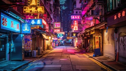 Naklejka na meble A neon lit street with many signs and a few shops. The street is empty and the neon lights create a moody atmosphere