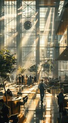 Poster - Early morning hustle in a corporate office as sunlight streams through large glass windows and highlights busy professionals