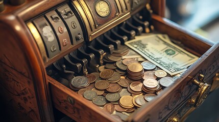 Close-up of an old cash register drawer with coins and a dollar bill.