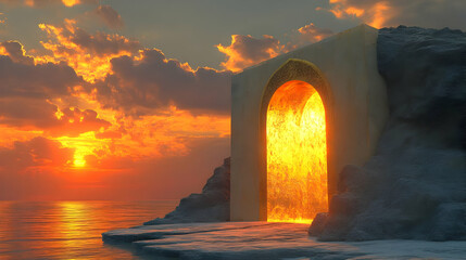 Poster - A glowing portal stands on a rocky shore at sunset.