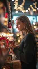 Young woman browsing holiday gifts on festive store shelves for christmas inspiration