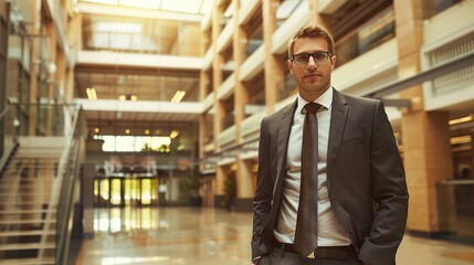 Leinwandbilder - Corporate worker stands confidently in a modern office atrium during the daytime in a collaborative and professional environment