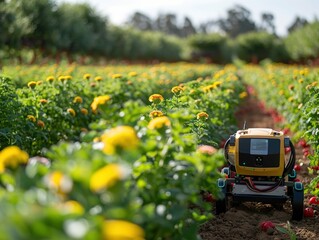 A robotic device navigates through a vibrant flower field, showcasing agricultural technology.