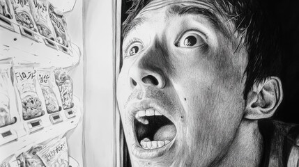 Poster - A man with his mouth wide open is looking into a refrigerator