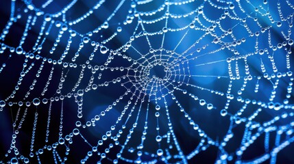 A spider web with many drops of water on it. The web is blue and the water droplets are clear