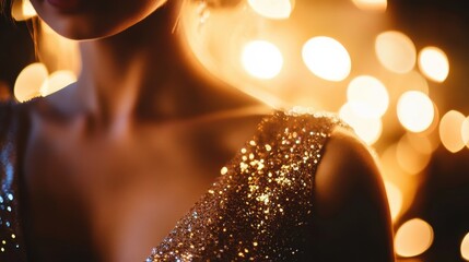 Leinwandbilder - A woman is wearing a gold dress with glittery beads