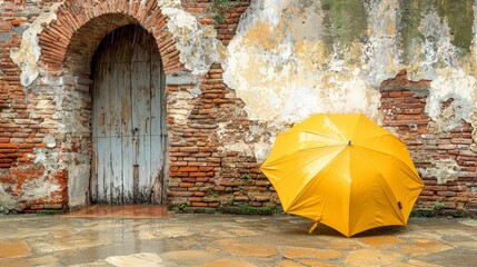 Vibrant yellow umbrella against a weathered brick wall with wooden door